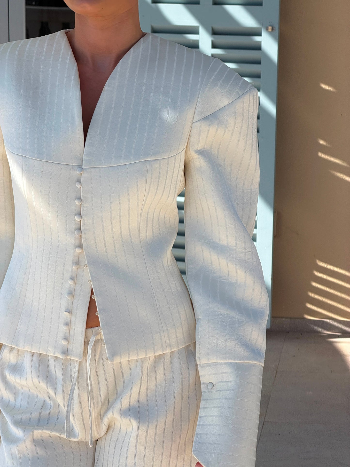 MARGOT PINSTRIPE-BLAZER | BUTTERMILK SATIN