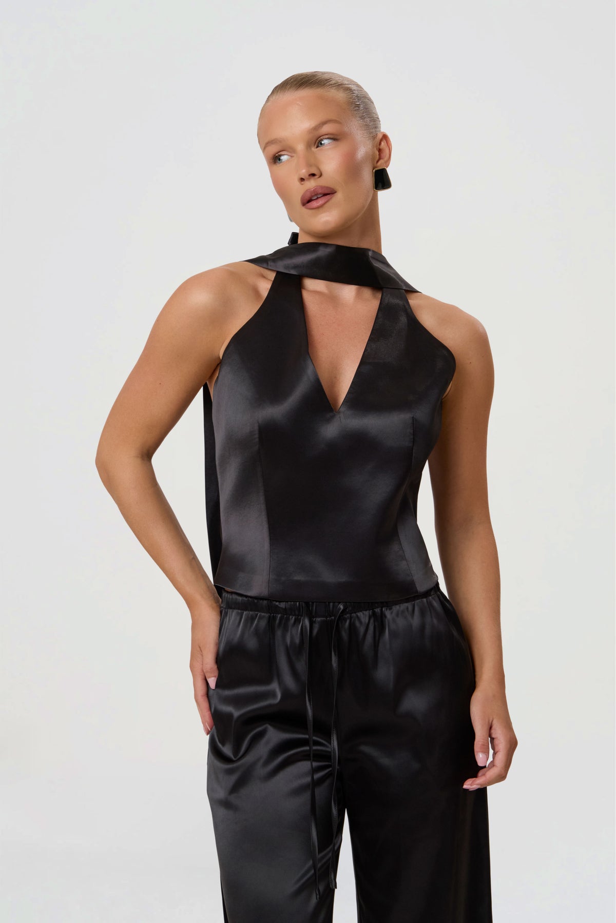 BELLA STRUCTURED CORSET SCARF TOP | BLACK SATIN-2