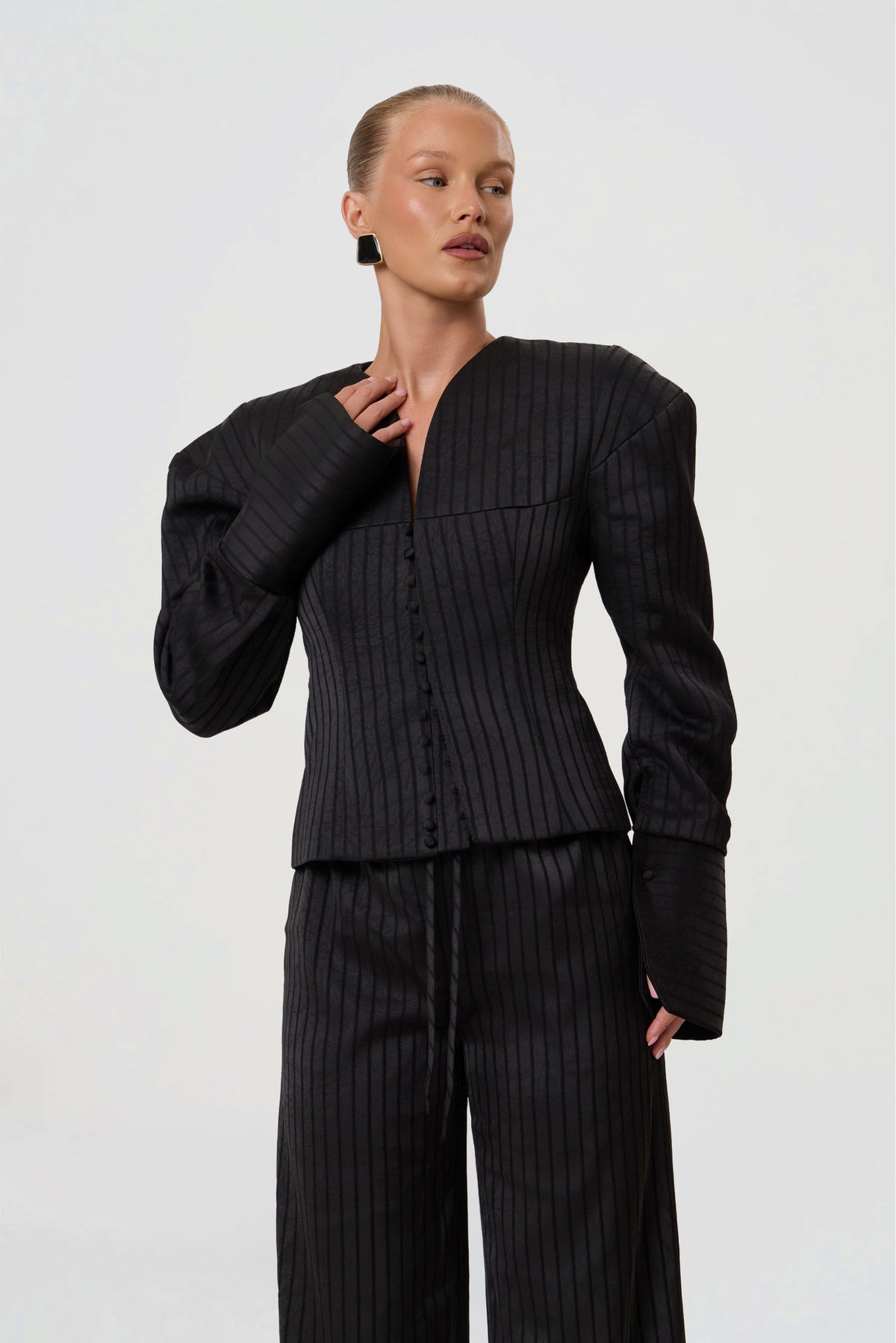 MARGOT PINSTRIPE-BLAZER | BLACK SATIN-1
