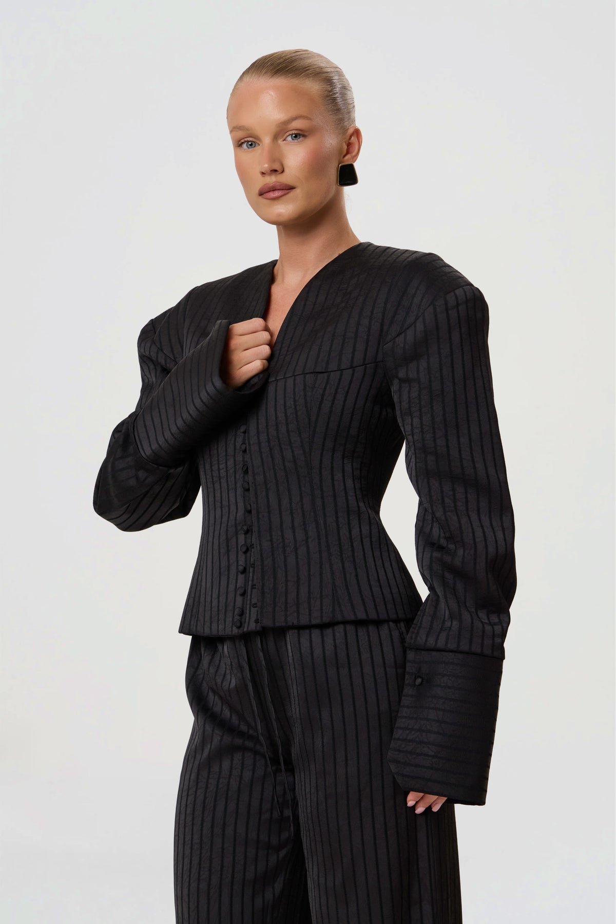 MARGOT PINSTRIPE-BLAZER | BLACK SATIN-7