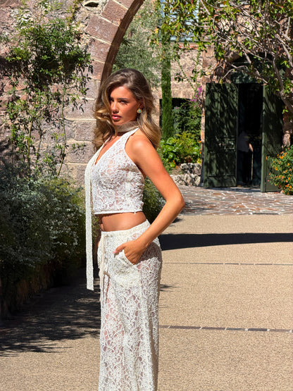 FLARED PANTS | EMBROIDERED PEARL LACE