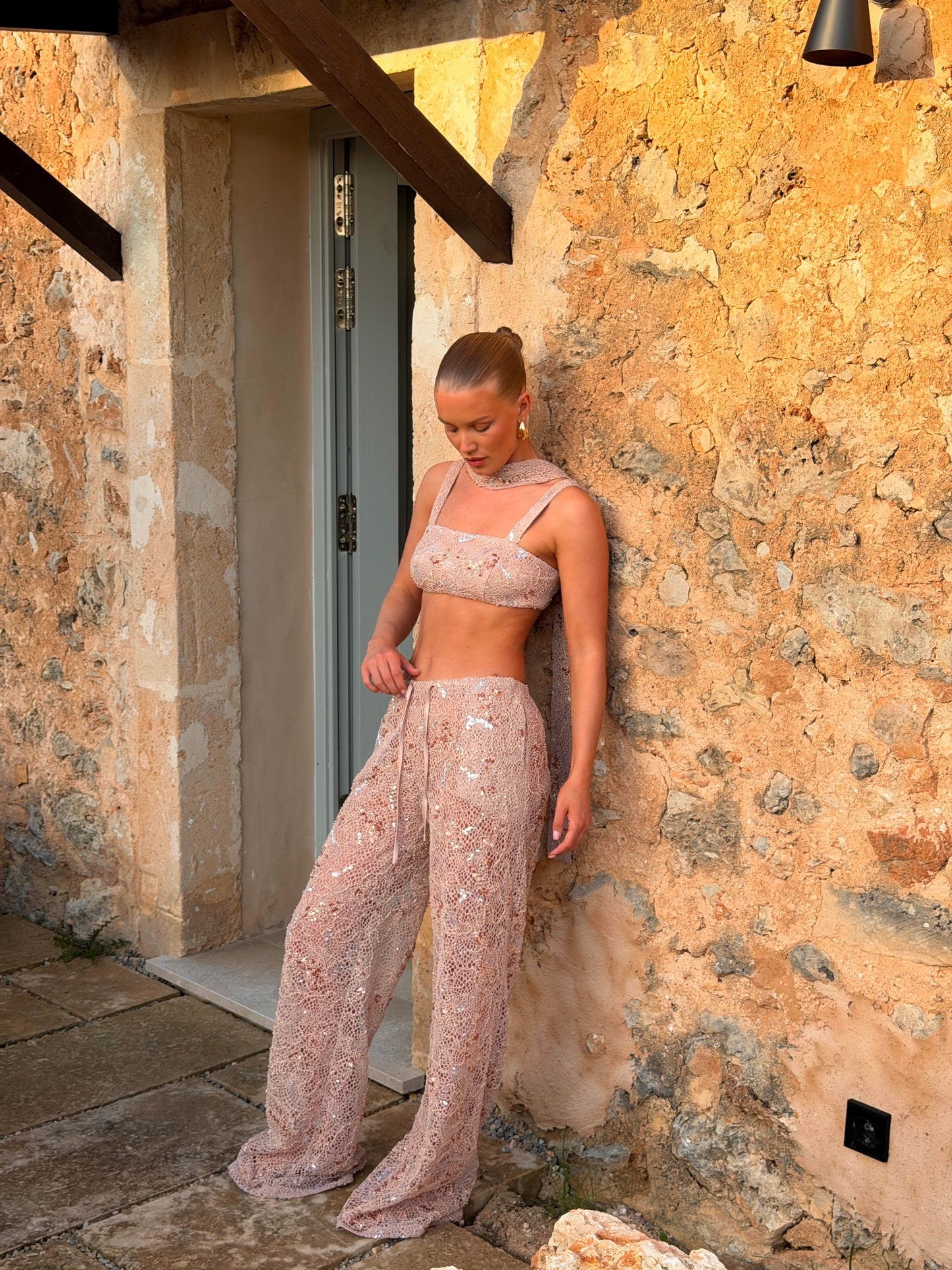 ARIELLA EMBELLISHED CROP & PANTS SET | BRONZE