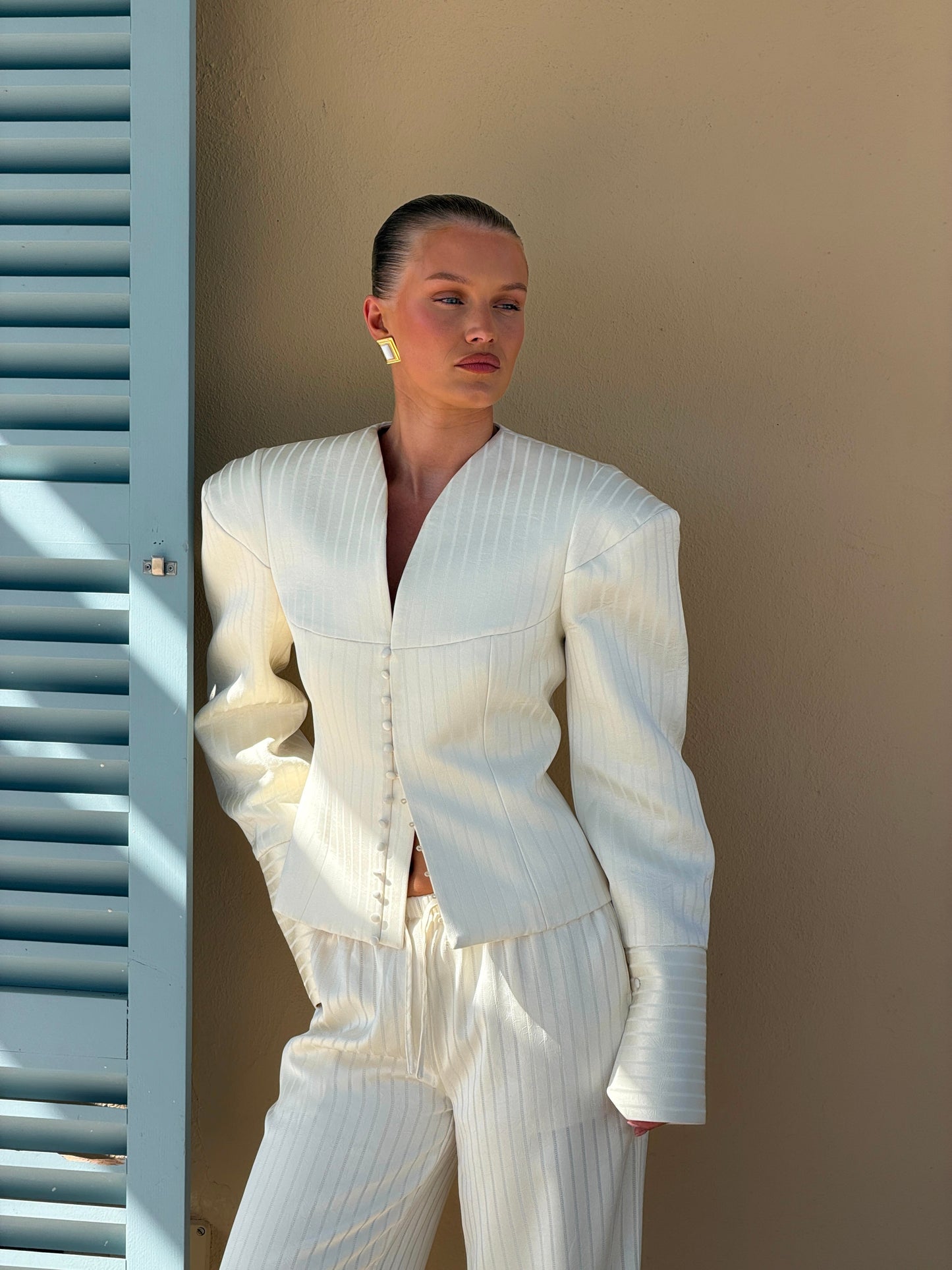 MARGOT PINSTRIPE-BLAZER | BUTTERMILK SATIN
