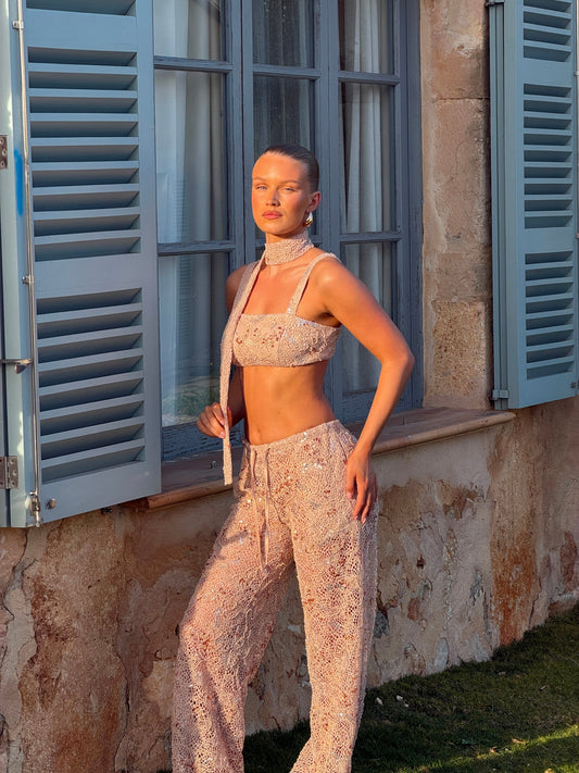 ARIELLA EMBELLISHED CROP & PANTS SET | BRONZE
