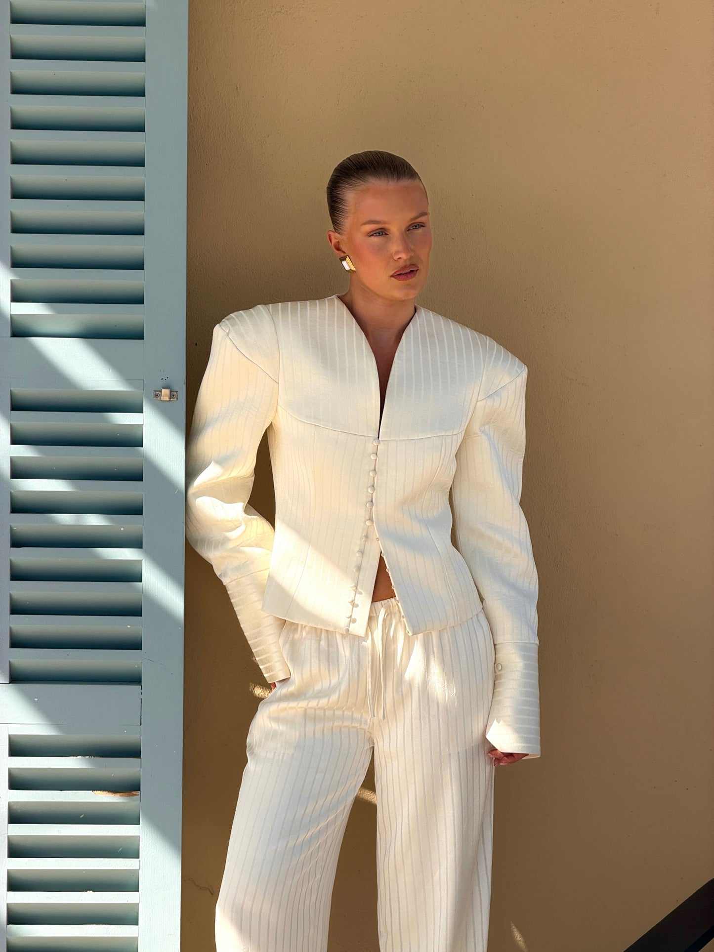 MARGOT PINSTRIPE-BLAZER | BUTTERMILK SATIN