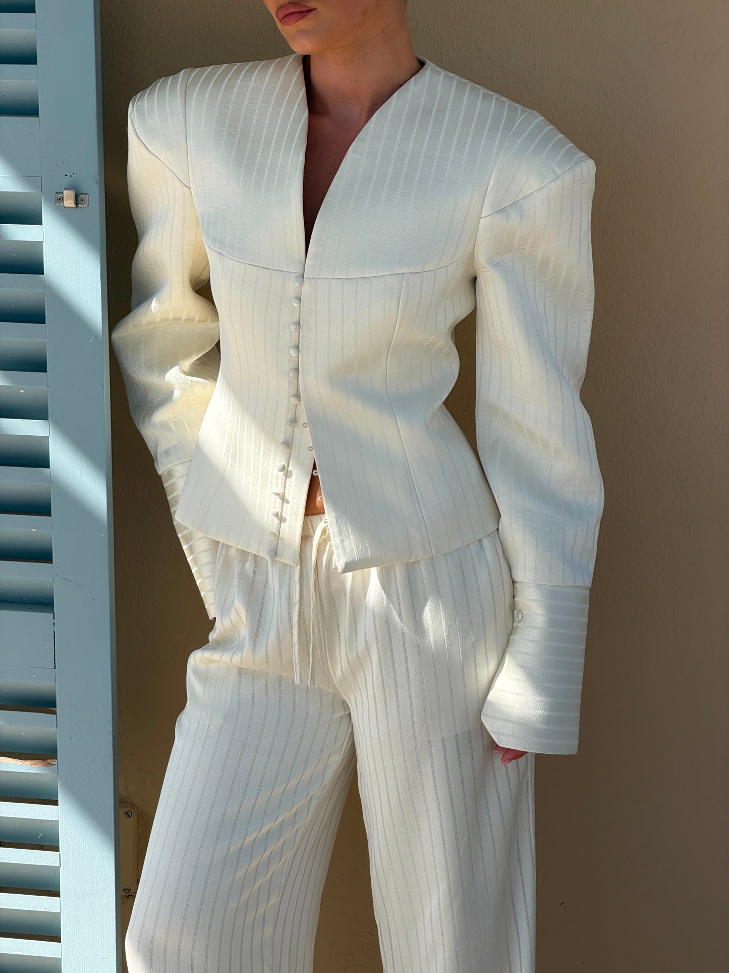 MARGOT PINSTRIPE-BLAZER | BUTTERMILK SATIN