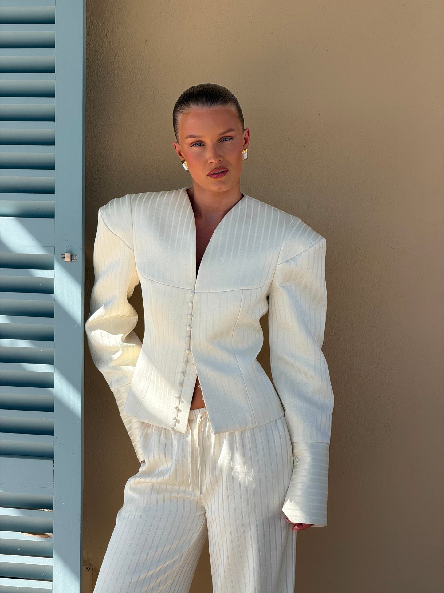 MARGOT PINSTRIPE-BLAZER | BUTTERMILK SATIN