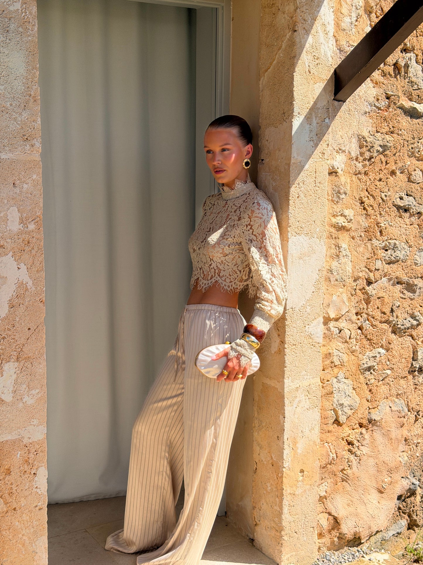 PIN STRIPE FLARED PANTS | GOLD SATIN