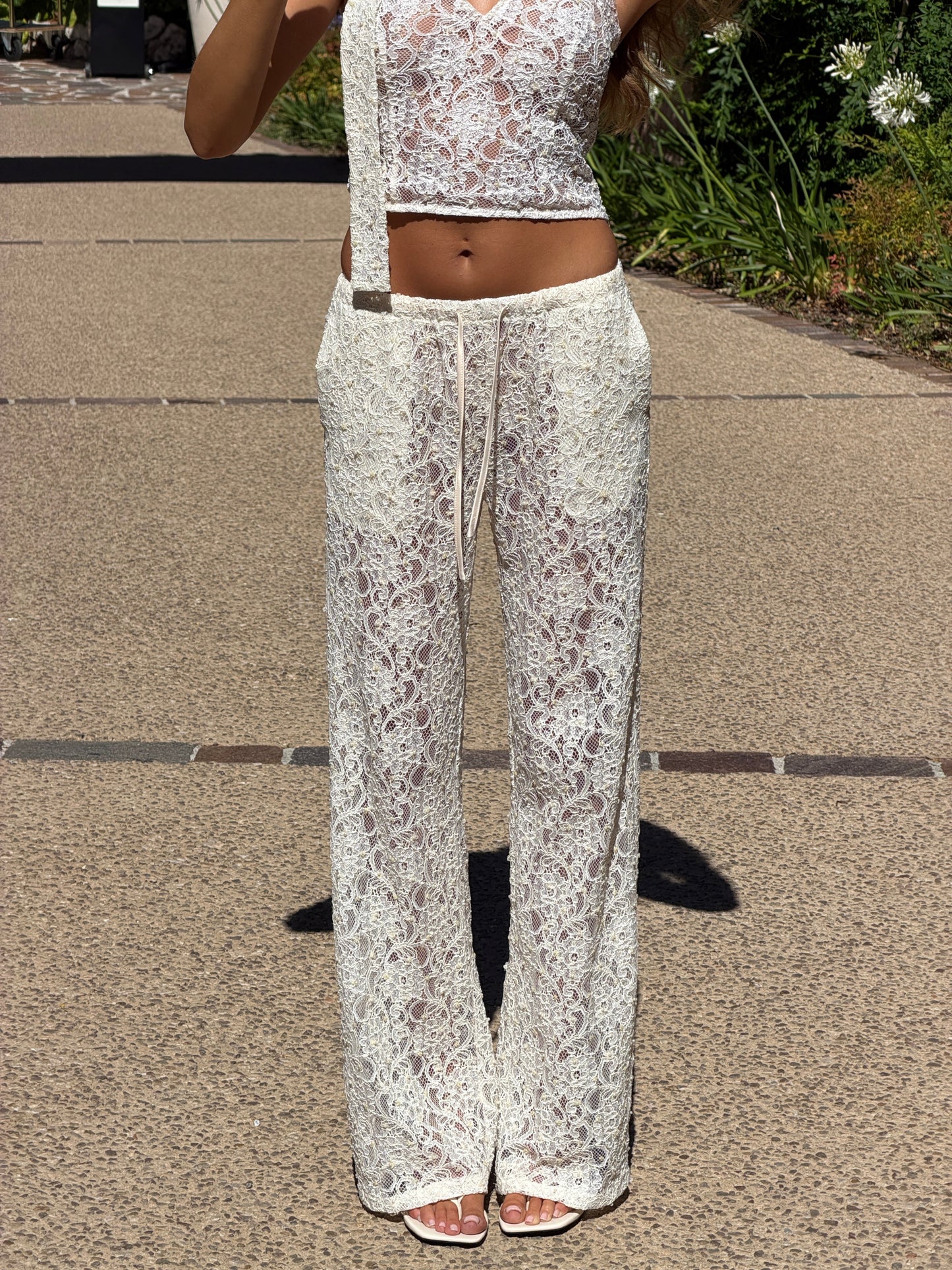 FLARED PANTS | EMBROIDERED PEARL LACE