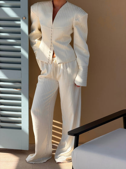 PINSTRIPE FLARED PANTS | BUTTERMILK SATIN