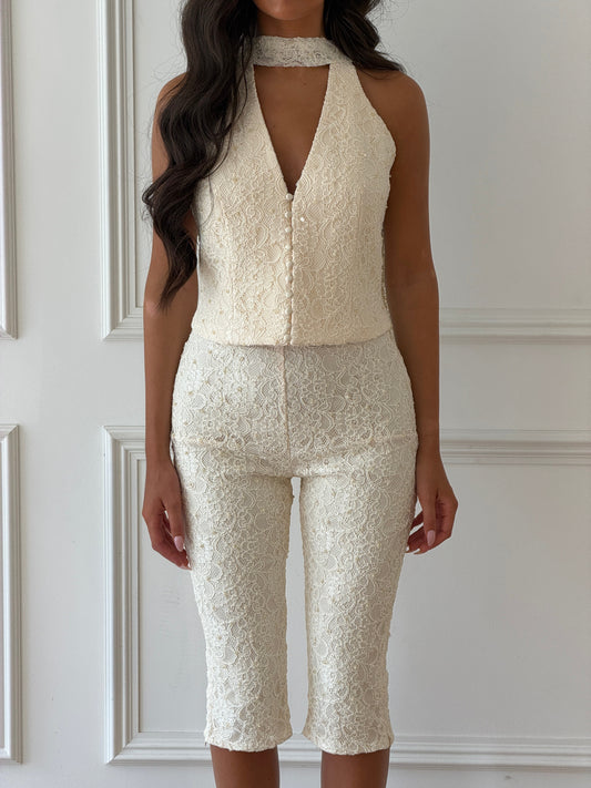 AUDREY SATIN CORSET | EMBROIDERED LACE PEARL