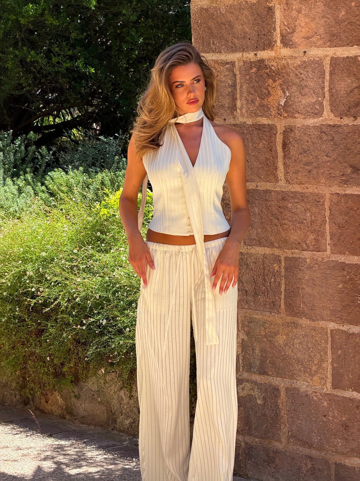 PINSTRIPE FLARED PANTS | BUTTERMILK SATIN