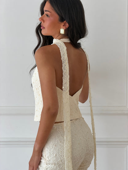 AUDREY SATIN CORSET | EMBROIDERED LACE PEARL